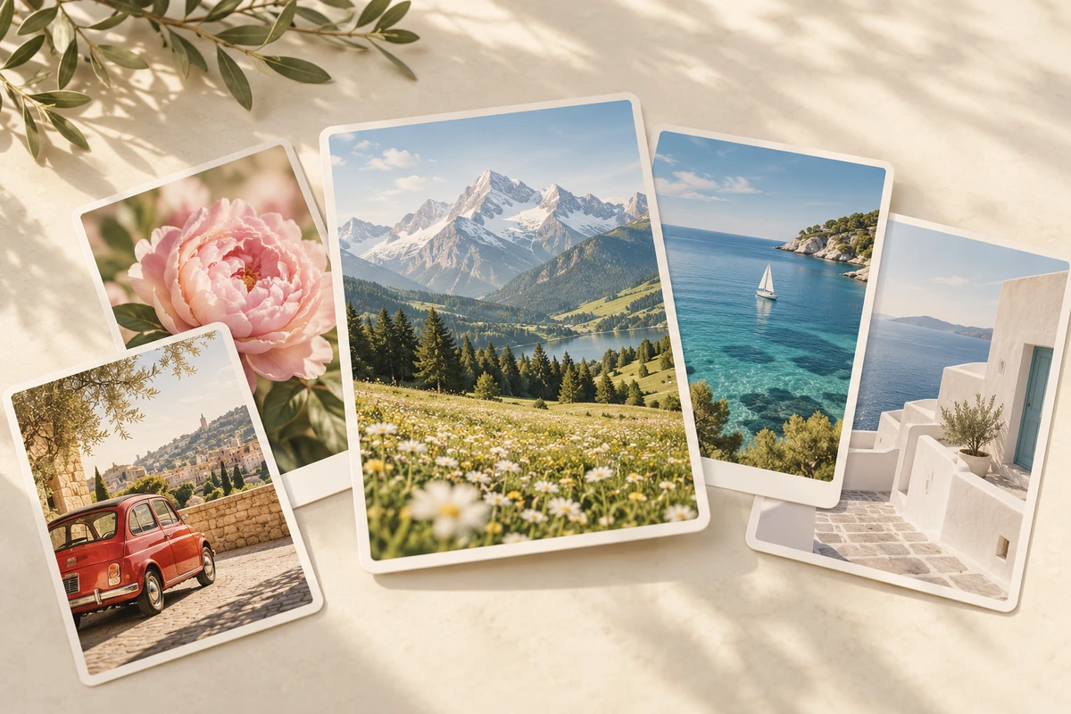 A fresh collection of alpine, floral, automotive, seaside, and architecture photos arranged as overlapping prints