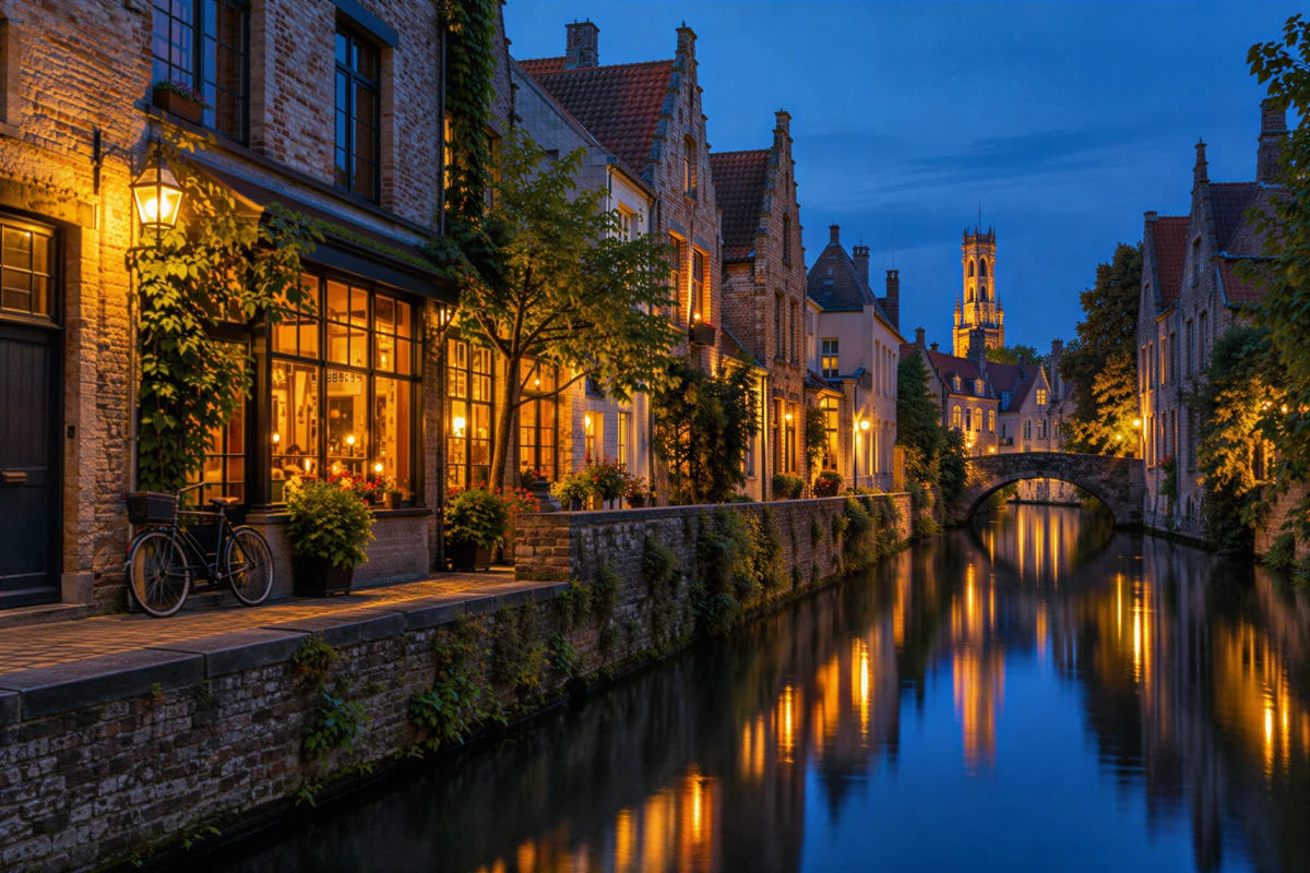 Blue-hour canal with warm windows, comparing a noisy input with its actual enhanced result