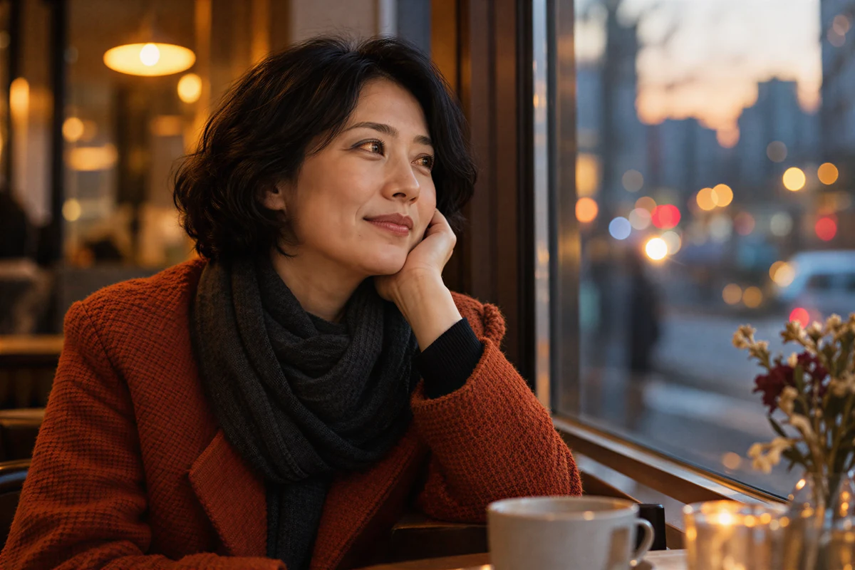 Warmly lit portrait showing natural skin, fine hair, and a textured wool coat