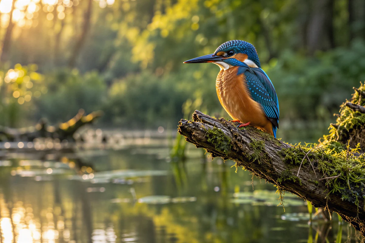 Kingfisher perched above a lake, with fine feather detail and a soft green background